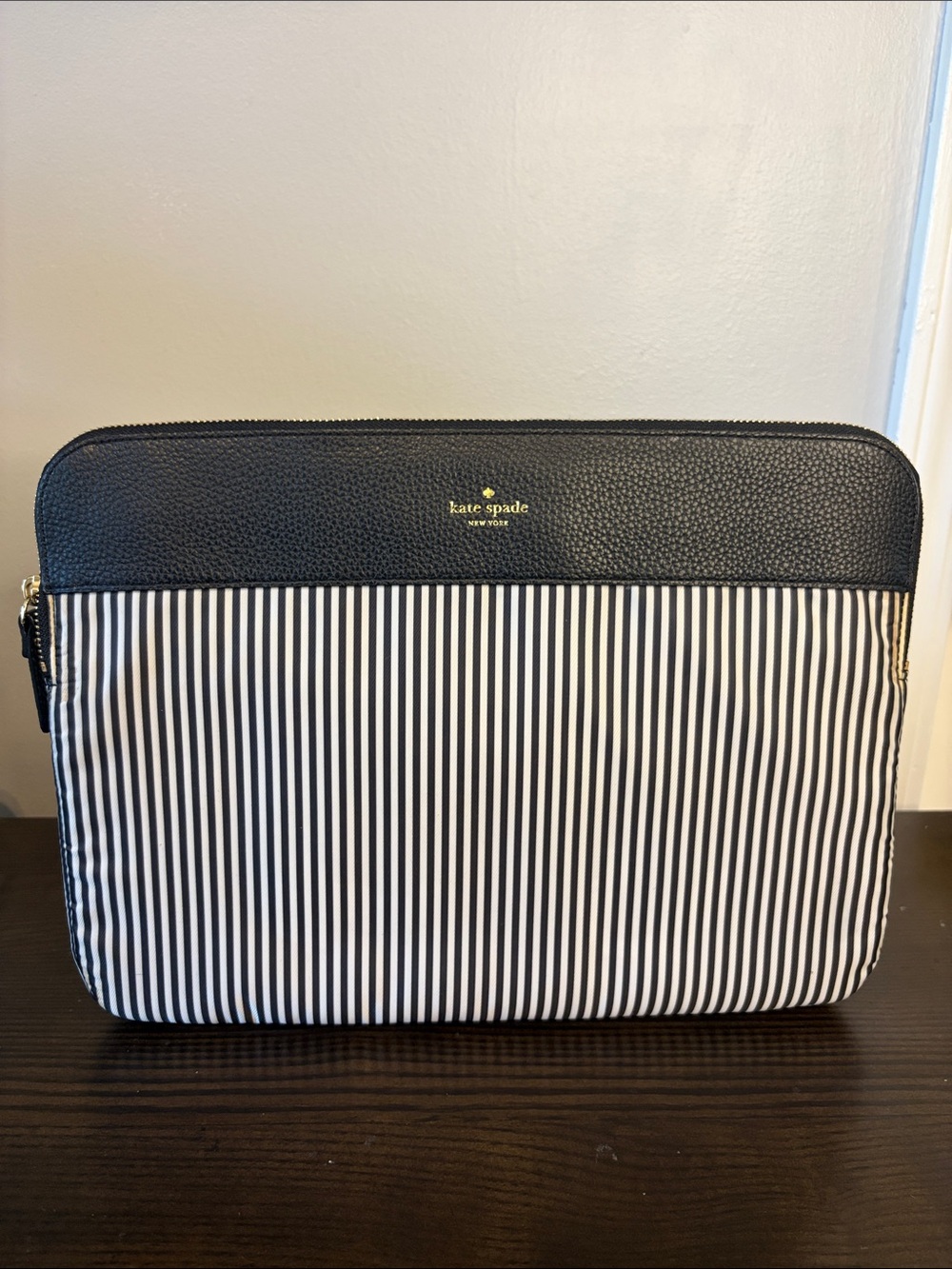 kate spade Black and White Vertical Stripe Laptop Sleeve with Gold Logo